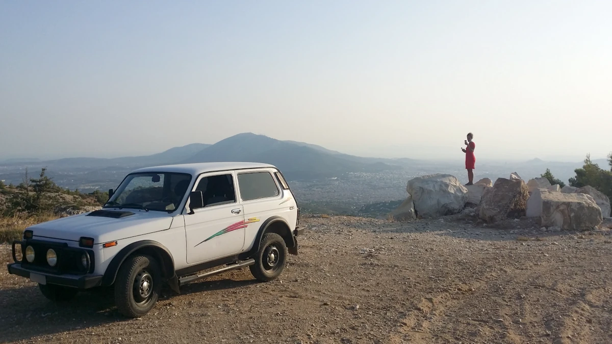 Lada niva at Penteli side view, with Athens in the background